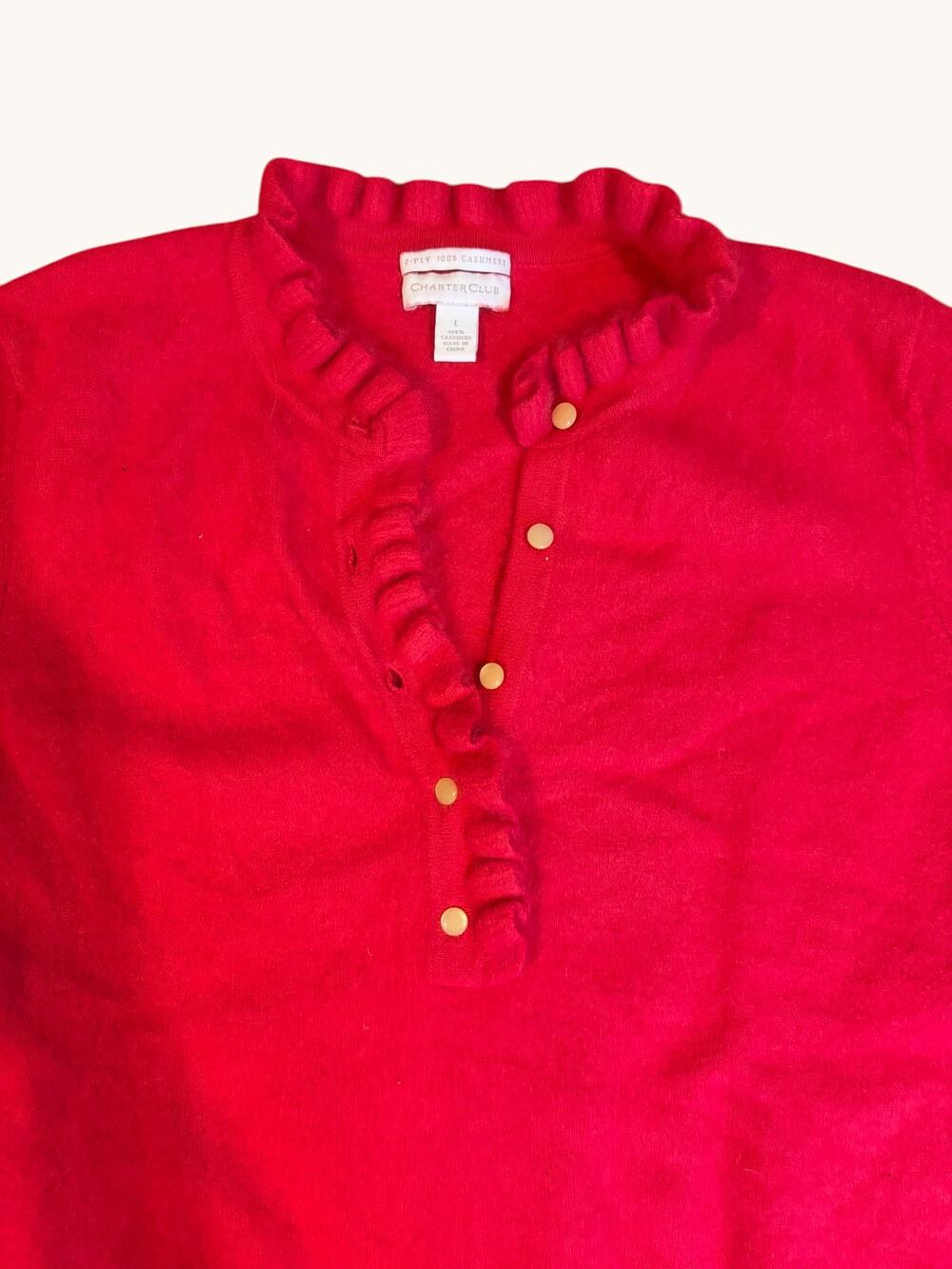 CHARTER CLUB Women's 100% Cashmere Sweater LARGE Magenta Pink Ruffle Button